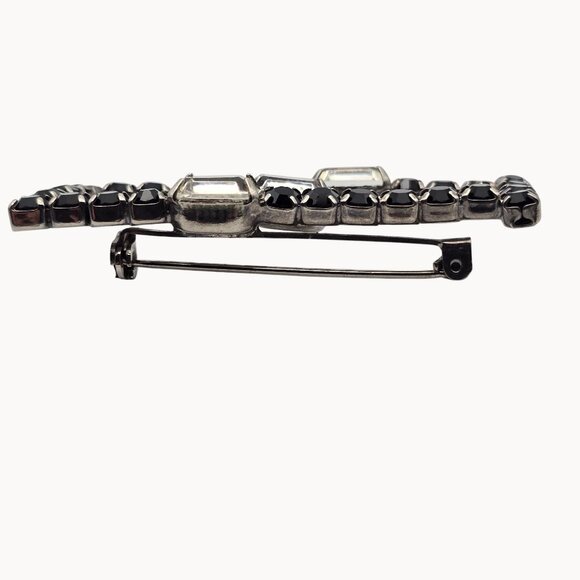 Vintage Brooch Silver-Black Toned Rhinestone Rectangular Fashion Jewelry Pin - Picture 3 of 12